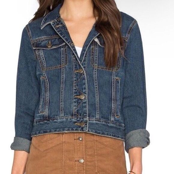 Free People Distressed Denim Jean Jacket Sz M Knit Sleeves Removable Hoodie - Picture 1 of 11
